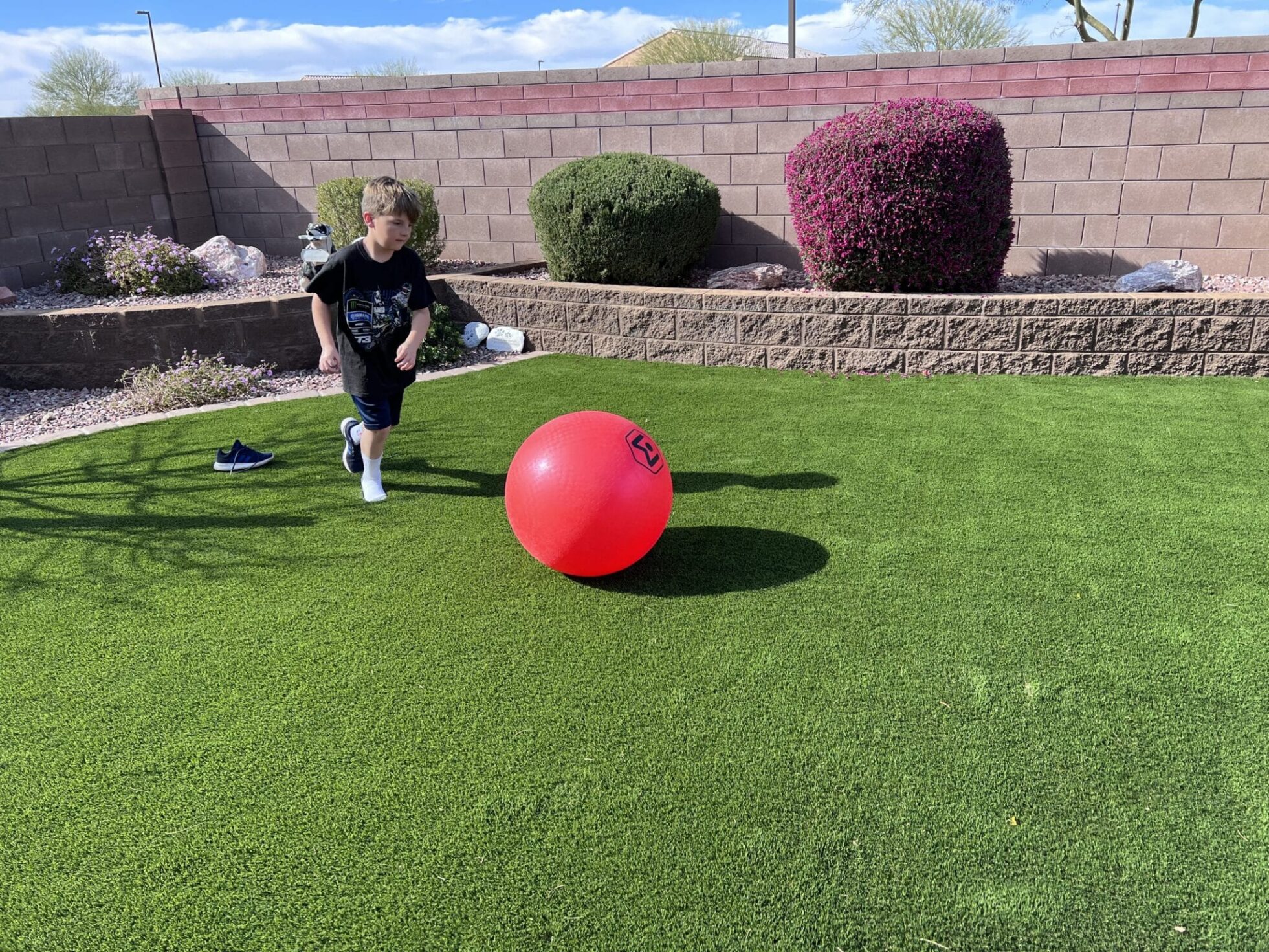Child playing on No Limit artificial turf in an Arizona backyard