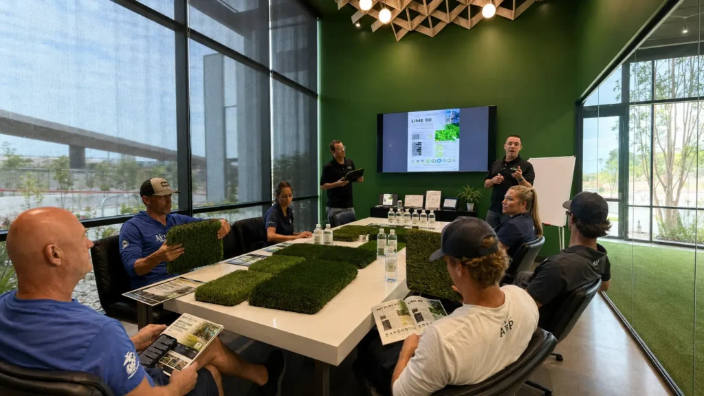 Artificial turf professionals participating in product training with turf samples and installation materials
