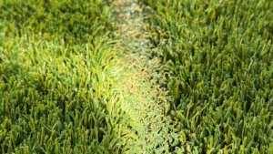 Artificial turf melted in a narrow line by concentrated sunlight reflected from a window