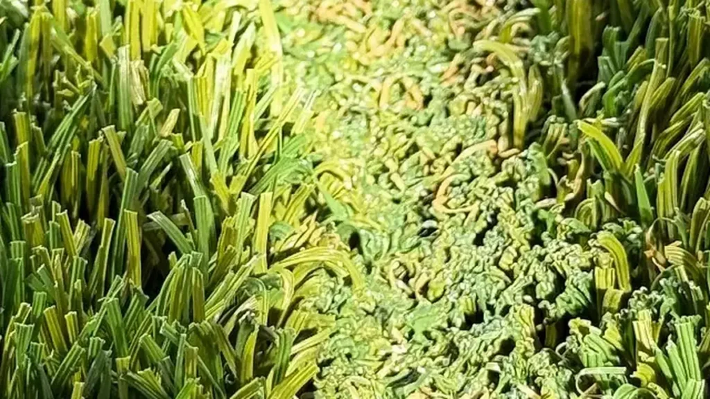 Extreme close-up of artificial turf fibers melted and fused by sunlight reflected from a window